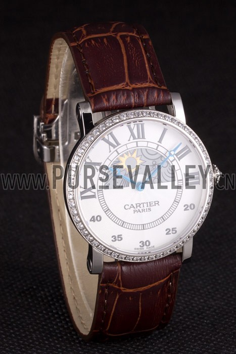Cartier Moonphase Silver Watch with Brown Leather Band ct256 621375
