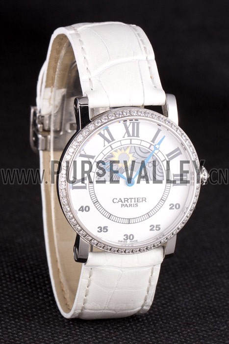 Cartier Moonphase Silver Watch with White Leather Band ct257 621376