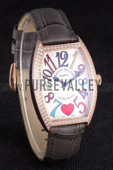 Franck Muller Heart Diamond Gold Bezel Grey Leather Band 621591