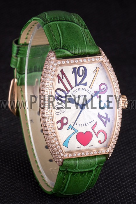 Franck Muller Heart Diamond Gold Bezel Green Leather Band 621593