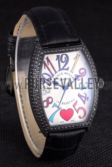 Franck Muller Heart Diamond Silver Bezel Black Leather Band 621595