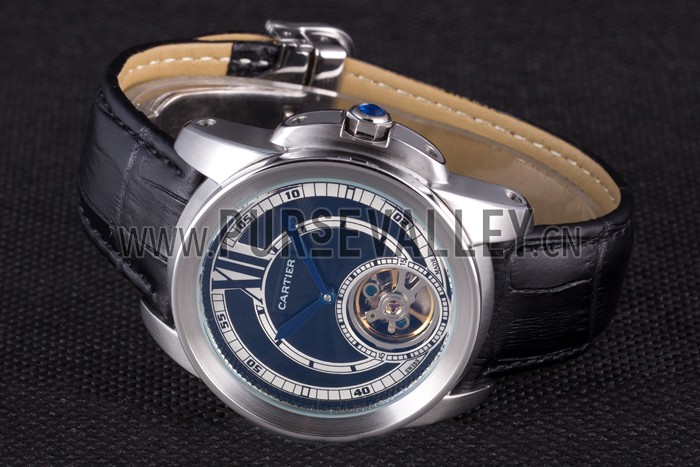 Cartier Calibre Flying Tourbillon Black Dial Stainless Steel Case Black Leather Bracelet