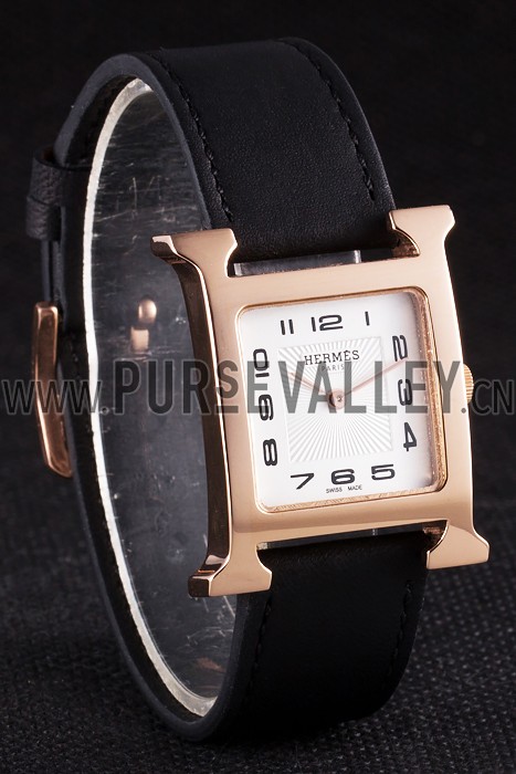 Hermes Heure H Rose Gold Bezel Black Leather Strap White Dial 80235