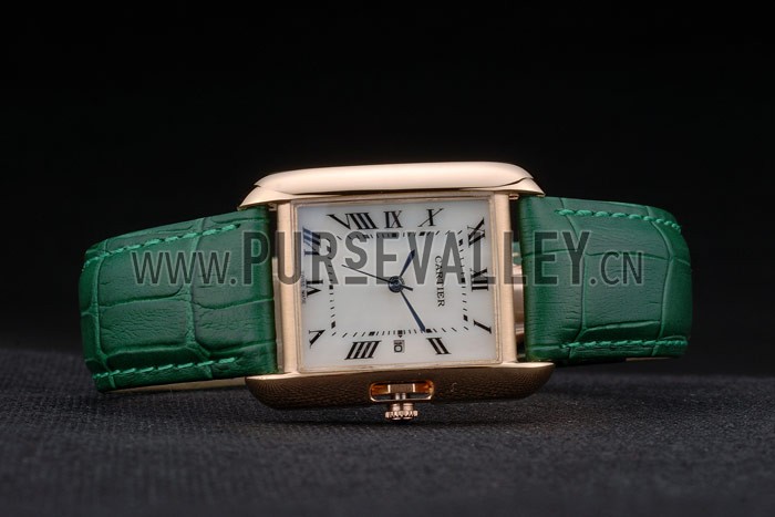 Cartier Tank Anglaise 30mm White Dial Gold Case Green Leather Bracelet