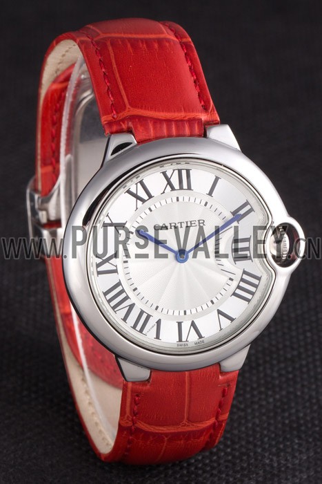 Cartier Ballon Bleu Silver Bezel with White Dial Red Leather Band 621551