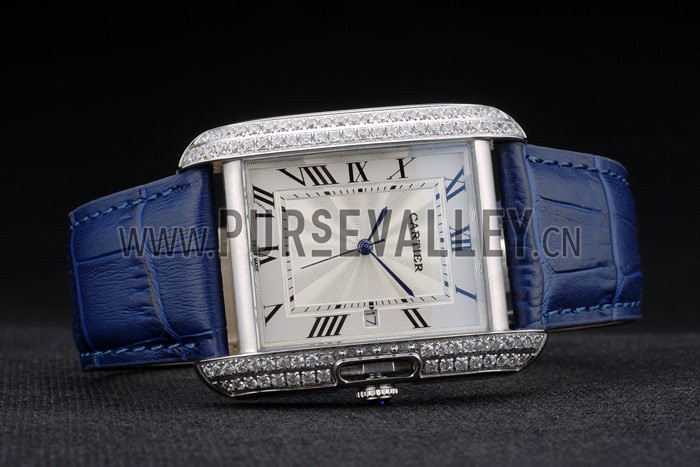 Cartier Tank Anglaise 36mm White Dial Diamonds Steel Case Blue Leather Bracelet