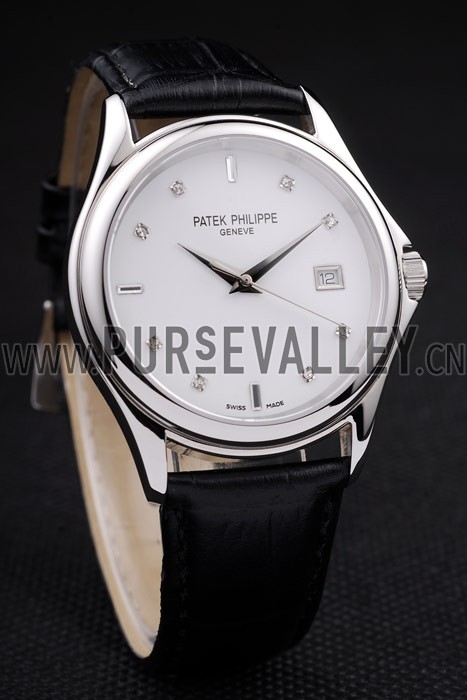 Patek Philippe Geneve Calatrava Crystal Studded Hour Marker White Dial Black Leather Strap
