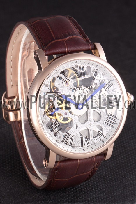 Cartier Luxury Skeleton Watch with Rose Gold Bezel and Brown Leather Band 621557
