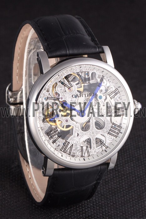 Cartier Luxury Skeleton Watch with Silver Bezel and Black Leather Band 621559