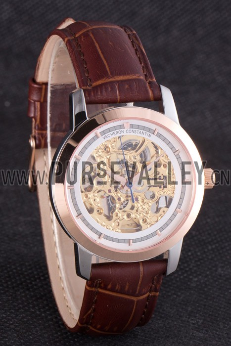 Vacheron Constantin White Skeleton Watch with Rose Gold Bezel and Brown Leather Strap 621539