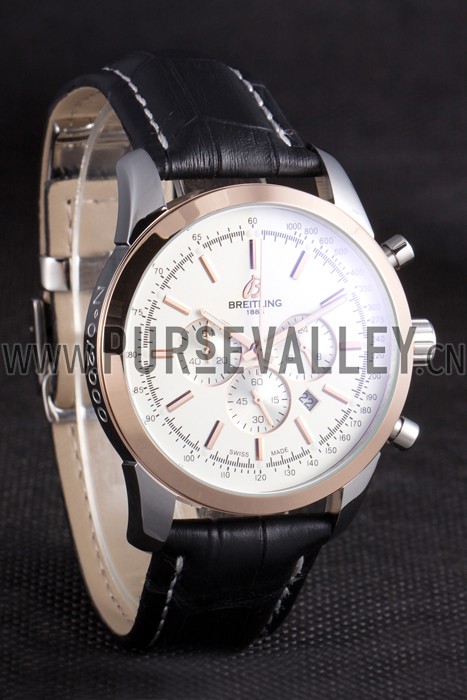 Breitling Transocean White Dial Black Leather Strap Rose Gold Bezel 98205