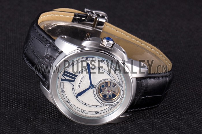 Cartier Calibre Flying Tourbillon White Dial Stainless Steel Case Black Leather Bracelet
