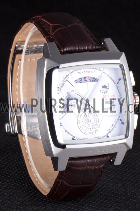 Tag Heuer Monaco Brushed Stainless Steel Case White Dial Brown Leather Strap 98173