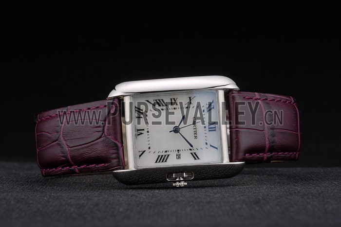 Cartier Tank Anglaise 30mm White Dial Stainless Steel Case Purple Leather Bracelet
