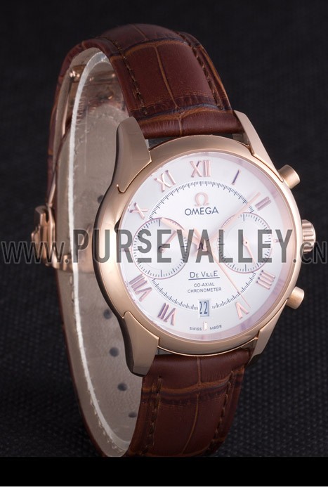 Omega DeVille Rose Gold Bezel with White Dial and Brown Leather Strap 621570