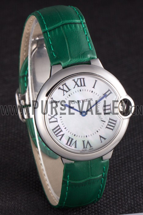 Cartier Ballon Bleu Silver Bezel with Pearl Dial Green Leather Band 621552