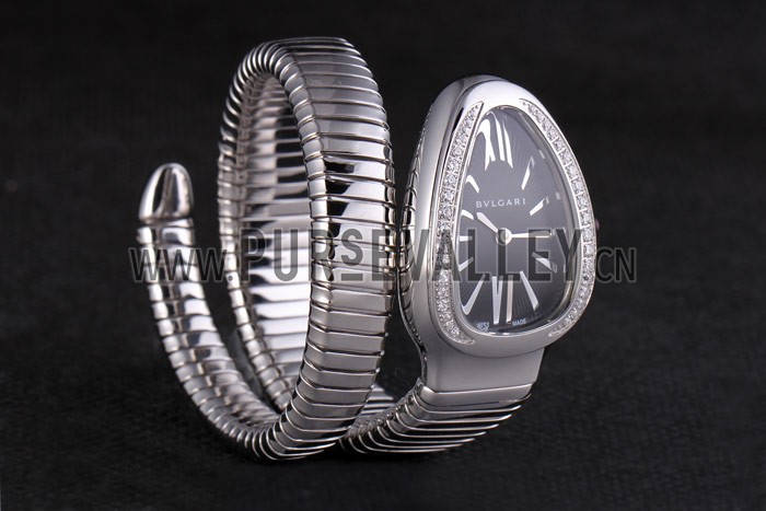 Bvlgari Serpenti 23mm Black Dial Stainless Steel Case With Diamonds Steel Bracelet