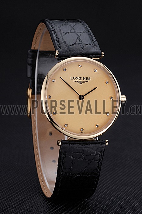 Longines La Grande Classique Champagne Dial Black Leather Band Diamond Markers Homme 622121