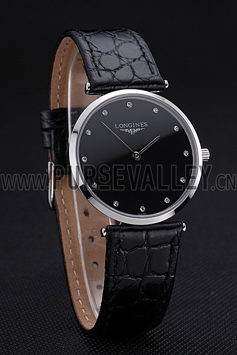 Longines La Grande Classique Black Dial Black Leather Band Diamond Markers Homme 622129