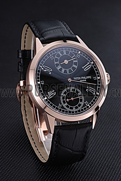 Patek Philippe Geneve Two Dial Black Dial Rose Gold Bezel Black Leather Band 622146