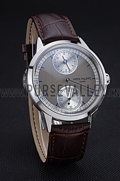 Patek Philippe Geneve Two Dial Gray Dial Stainless Steel Bezel Brown Leather Band 622147