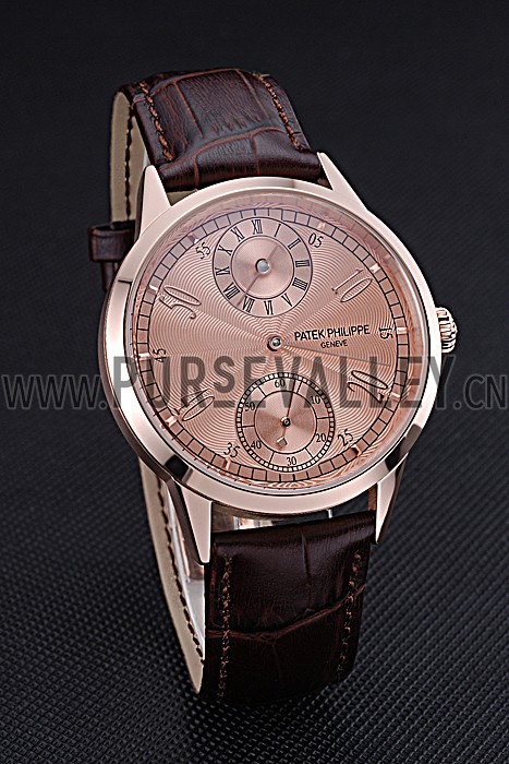 Patek Philippe Geneve Two Dial Rose Dial Rose Gold Bezel Brown Leather Band 622149