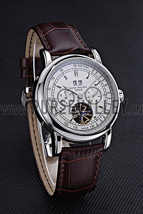 Patek Philippe Geneve Grand Complications White Dial Tourbillon Stainless Steel Bezel Brown Band 622154
