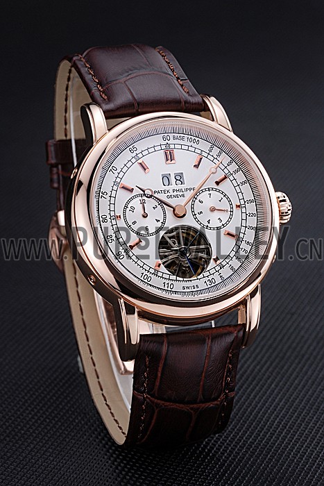 Patek Philippe Geneve Grand Complications White Dial Tourbillon Rose Gold Bezel Brown Band 622156