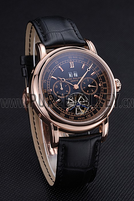 Patek Philippe Geneve Grand Complications Black Dial Tourbillon Rose Gold Bezel Black Band 622157