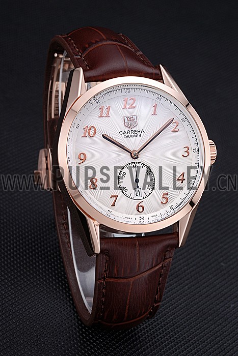 Tag Heuer Carerra Calibre 6 White Dial Red Numbers Brown Leather Band 622161