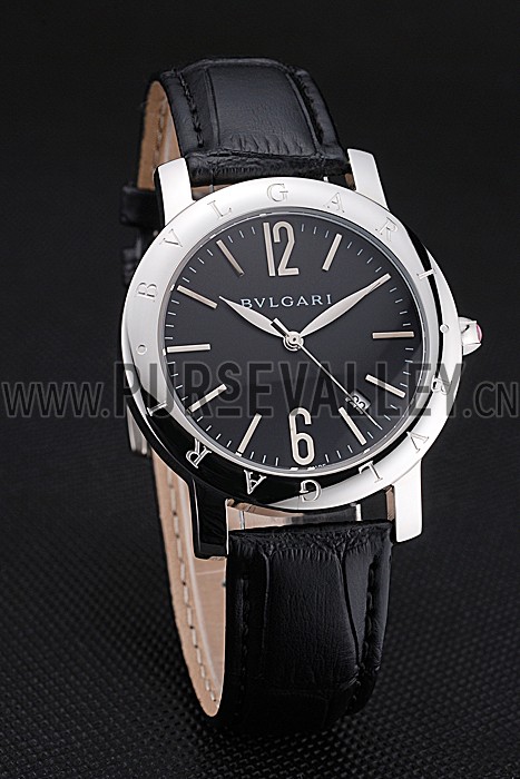 Bvlgari Black Dial Stainless Steel Case Black Leather Bracelet 622431