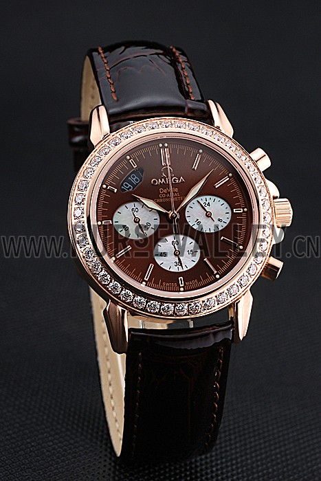 Omega De Ville Chronograph Brown Dial Gold Diamond Case Brown Leather Bracelet 622457