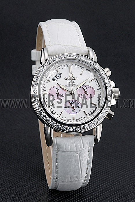 Omega De Ville Chronograph White Dial Stainless Steel Diamond Case White Leather Bracelet 622453