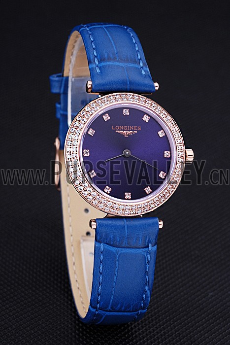 Longines La Grande Classique Blue Round Dial Diamond Case Diamond Numerals Blue Leather Band 622386