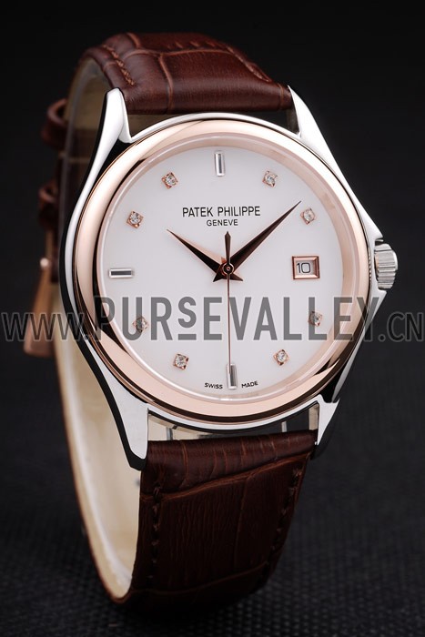 Patek Philippe Geneve Calatrava Crystal Studded Hour Marker White Dial Brown Leather Strap