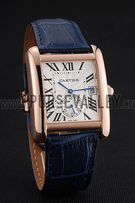 Cartier Tank MC White Dial Gold Case Blue Leather Strap 622577