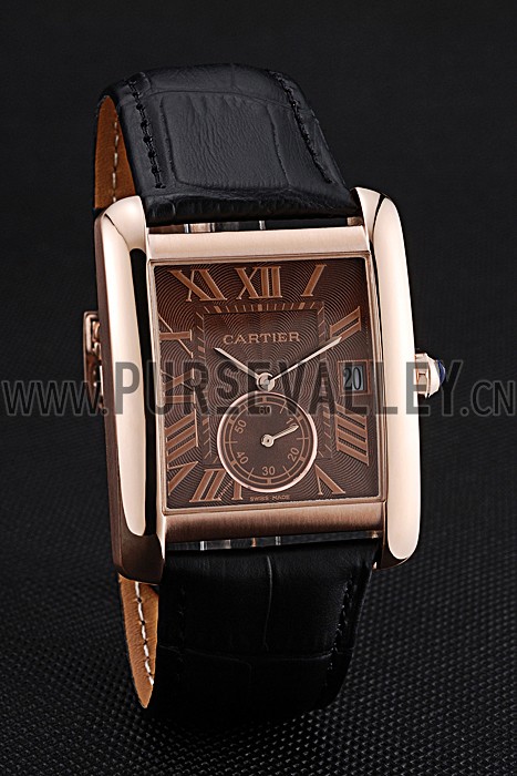 Cartier Tank MC Brown Dial Gold Case Black Leather Strap 622581