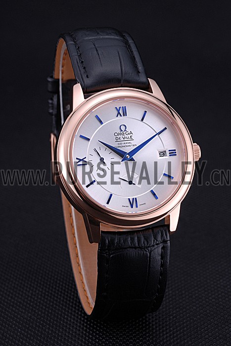 Omega DeVille Prestige Silver Dial Gold Case Black Leather Bracelet 622593