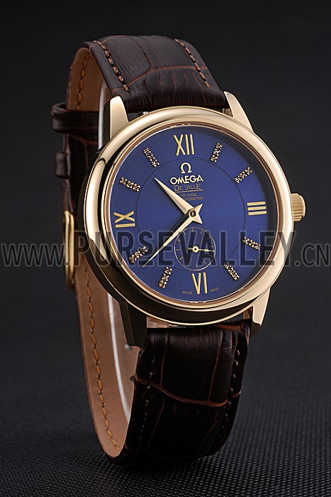 Omega DeVille Prestige Small Seconds Blue Dial Gold Case Brown Leather Bracelet 622601