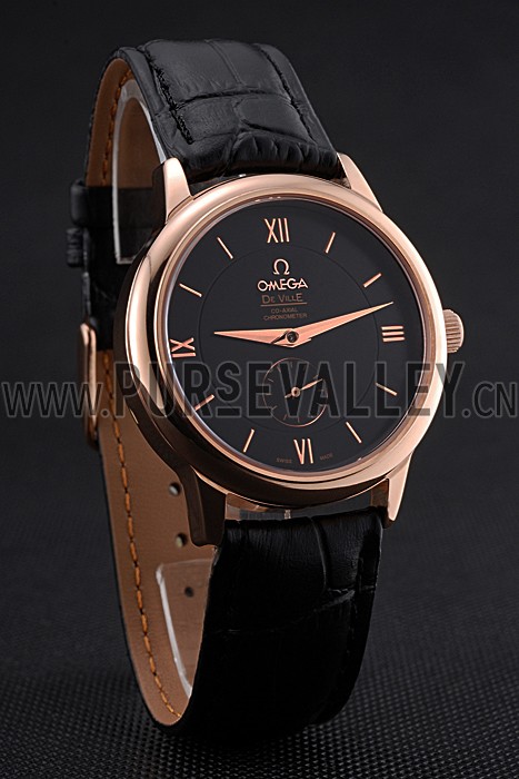 Omega DeVille Prestige Small Seconds Black Dial Gold Case Black Leather Bracelet 622602