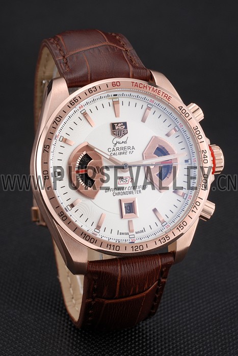 Tag Heuer Carrera Rose Gold Case White Dial Brown Leather Strap 98245