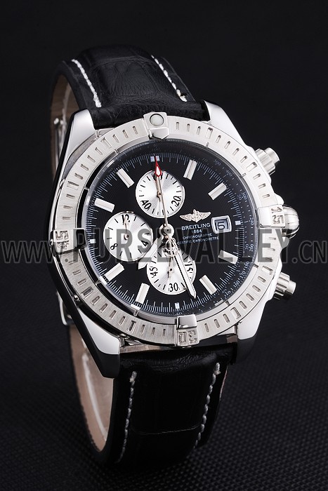 Breitling Chronomat 13 Stainless Steel Case Black Dial Black Leather Bracelet 622237