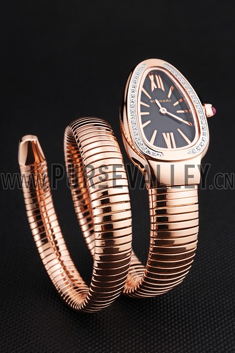 Bvlgari Serpenti 23mm Black Dial Rose Gold Case With Diamonds Rose Gold Bracelet