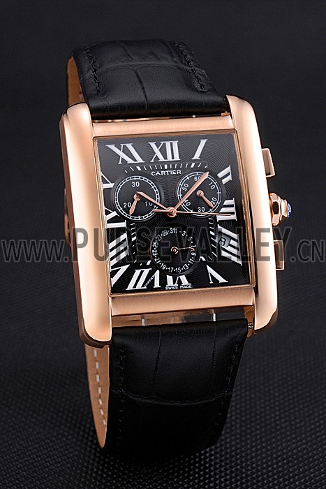 Cartier Tank MC Black Dial Gold Case Black Leather Bracelet 622694