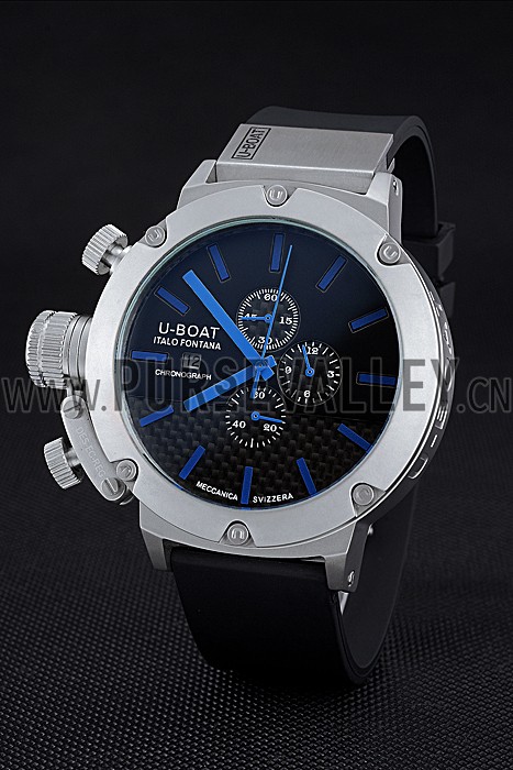U-Boat Italo Fontana Black Carbon Dial Blue Hour Marks Stainless Steel Case Rubber Bracelet 622708