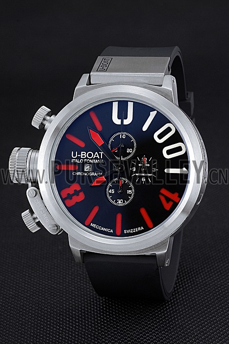 U-Boat 1001 Red On Black Dial Stainless Steel Case Rubber Bracelet 622712