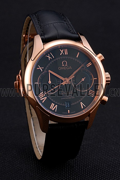 Omega DeVille Rose Gold Bezel with Black Dial and Black Leather Strap 621569