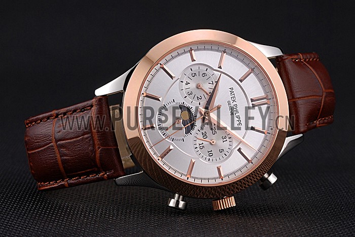 Patek Philippe Moonphase Chronograph White Dial Gold Case Brown Leather Strap 622843