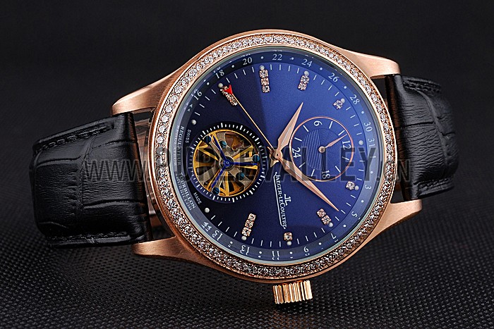 Jaeger-LeCoultre Master Tourbillon Dualtime Black Dial Gold Case With Diamonds Brown Leather Strap 622783