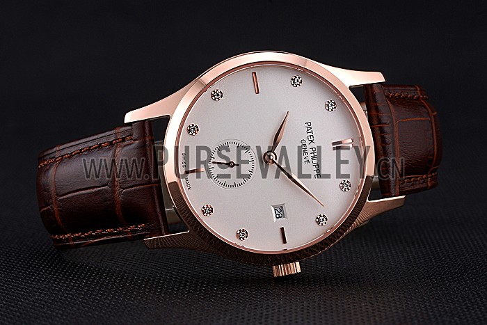 Patek Philippe Calatrava White Dial Diamond Numerals Rose Gold Case Brown Leather Strap 622834